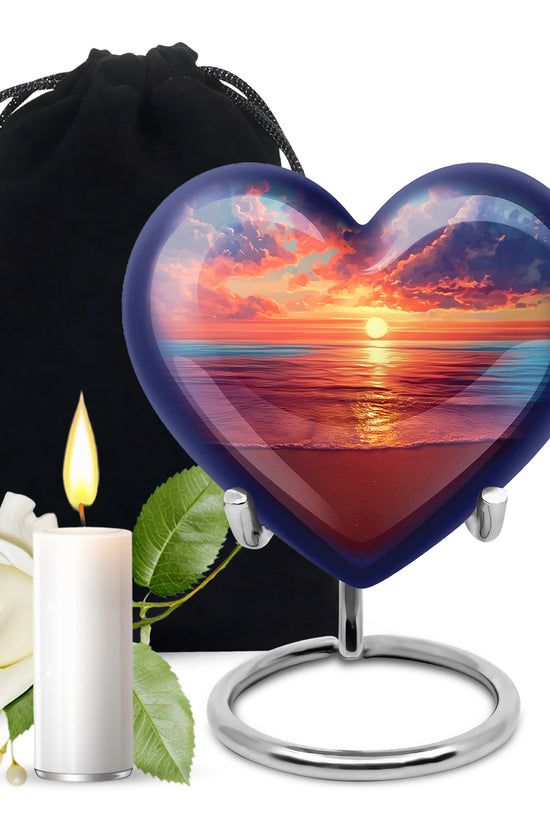 Powder Blue Beach Cremation Urn detail view - loving heart memorial featuring beach pattern - full-size 10 inch 200 cubic inch adult cremation urn