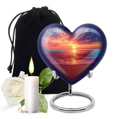 Powder Blue Beach Cremation Urn detail view - loving heart memorial featuring beach pattern - full-size 10 inch 200 cubic inch adult cremation urn