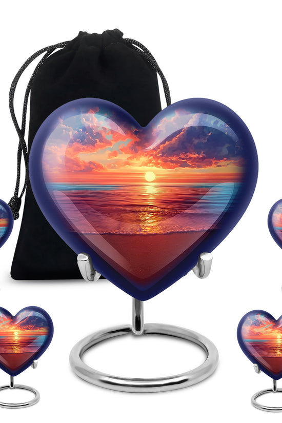 Twilight Blue Beach Cremation Urn close-up of engraving and surface detail - romantic heart urn with beach motif on aluminum - memorial set with one large and four small urns