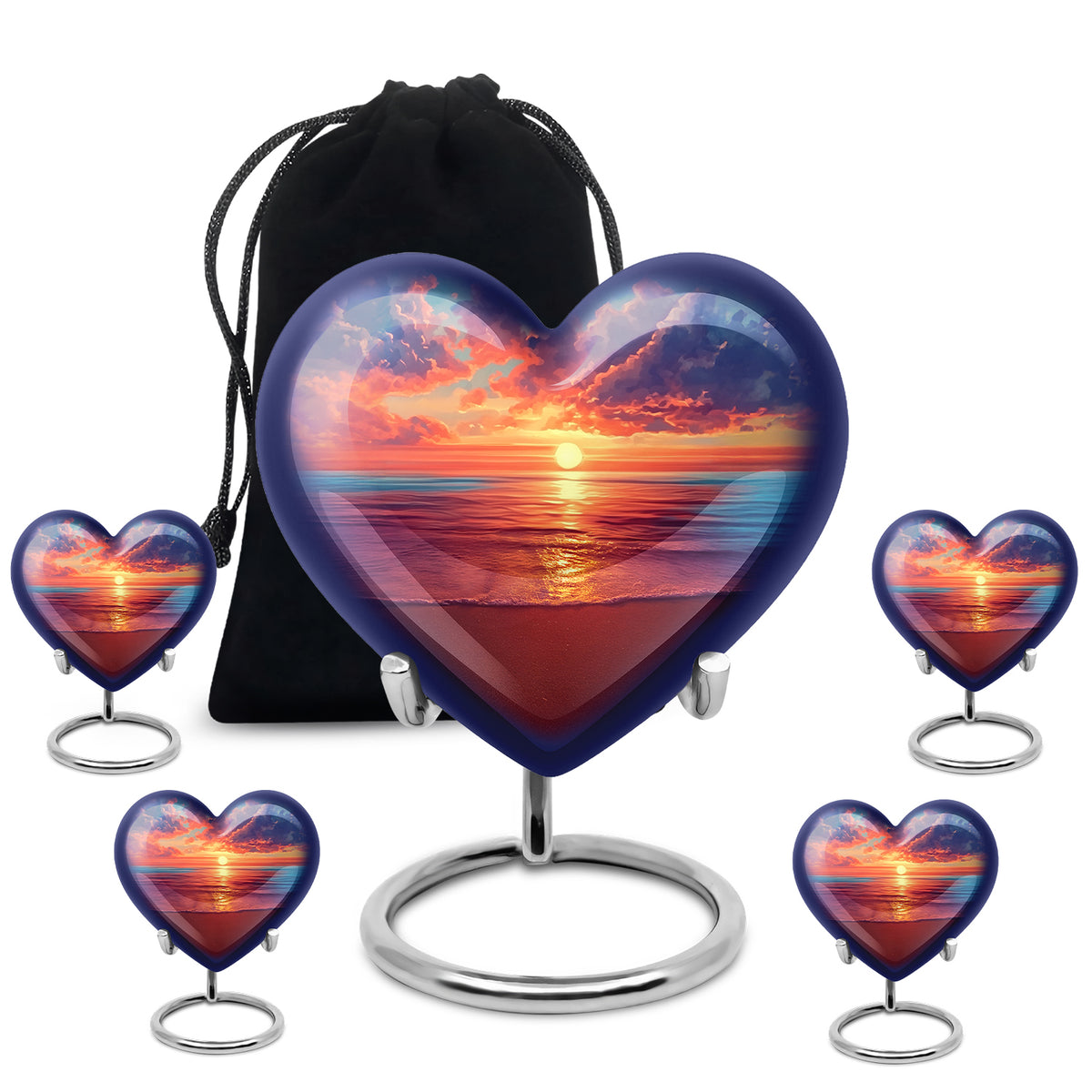 Twilight Blue Beach Cremation Urn close-up of engraving and surface detail - romantic heart urn with beach motif on aluminum - memorial set with one large and four small urns