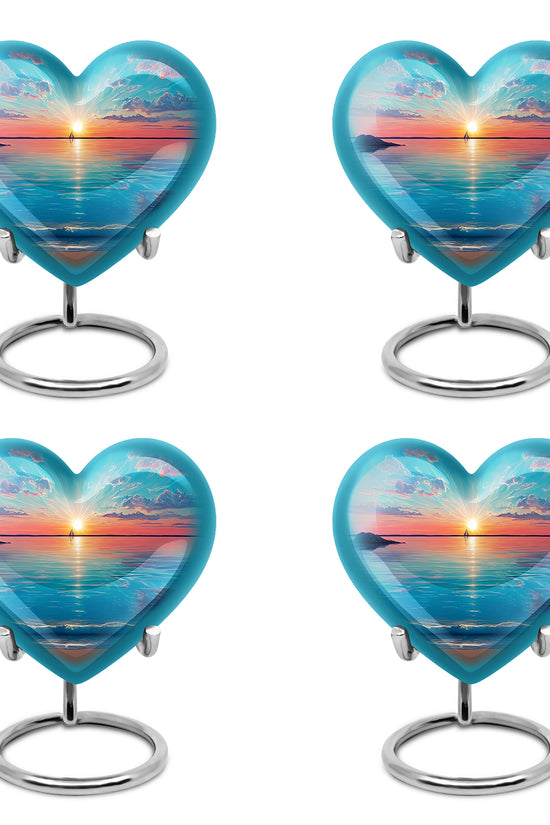 Mystic Teal Beach Cremation Urn angled view of lid and engraved motif - romantic heart urn with beach motif on aluminum - 10 inch aluminum urn for cremated remains