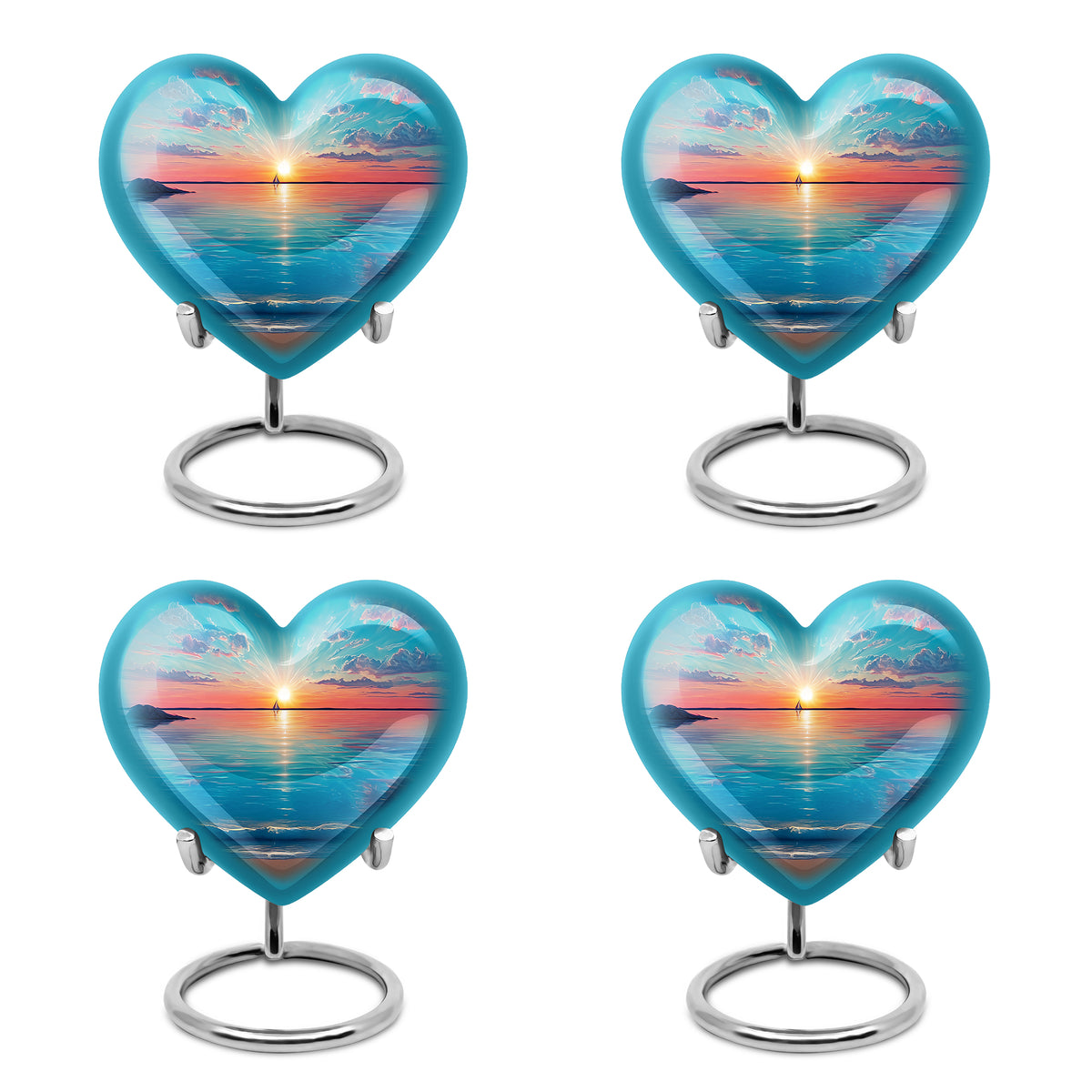 Mystic Teal Beach Cremation Urn angled view of lid and engraved motif - romantic heart urn with beach motif on aluminum - 10 inch aluminum urn for cremated remains