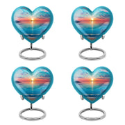 Mystic Teal Beach Cremation Urn angled view of lid and engraved motif - romantic heart urn with beach motif on aluminum - 10 inch aluminum urn for cremated remains