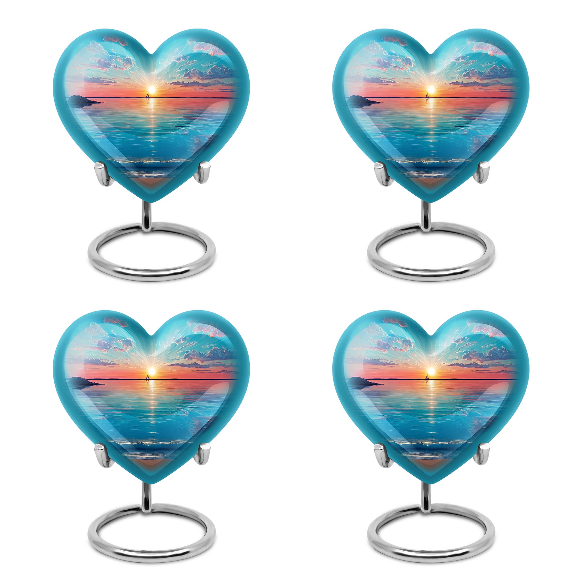 Mystic Teal Beach Cremation Urn angled view of lid and engraved motif - romantic heart urn with beach motif on aluminum - 10 inch aluminum urn for cremated remains