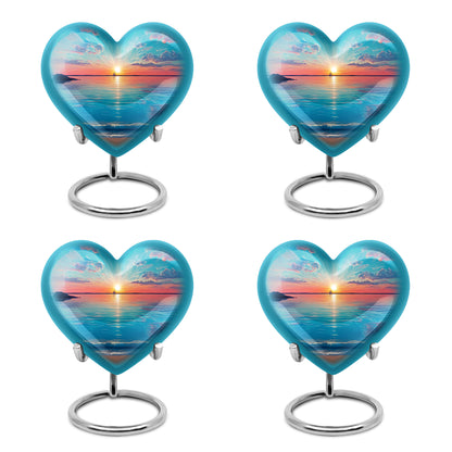 Mystic Teal Beach Cremation Urn angled view of lid and engraved motif - romantic heart urn with beach motif on aluminum - 10 inch aluminum urn for cremated remains