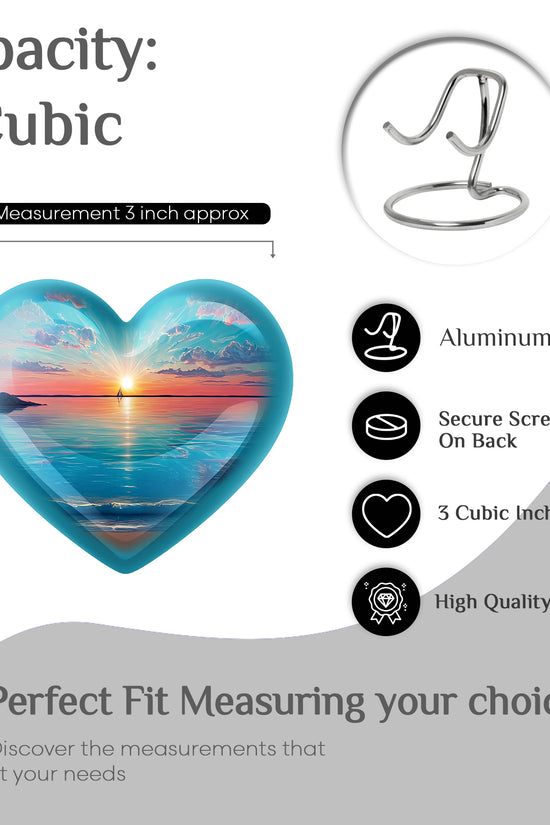 Soft Teal Beach Cremation Urn front view showing detailed design - loving heart memorial featuring beach pattern - mini keepsake memorial for portion of cremation ashes