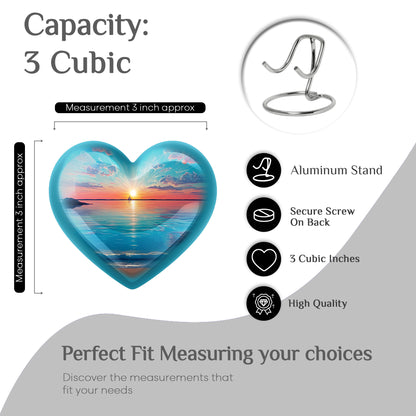 Soft Teal Beach Cremation Urn front view showing detailed design - loving heart memorial featuring beach pattern - mini keepsake memorial for portion of cremation ashes