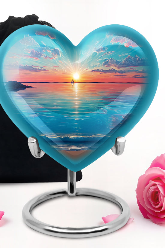 Soft Teal Beach Cremation Urn detail view - heart-shaped beach design symbolizing eternal love - full-size 10 inch 200 cubic inch adult cremation urn
