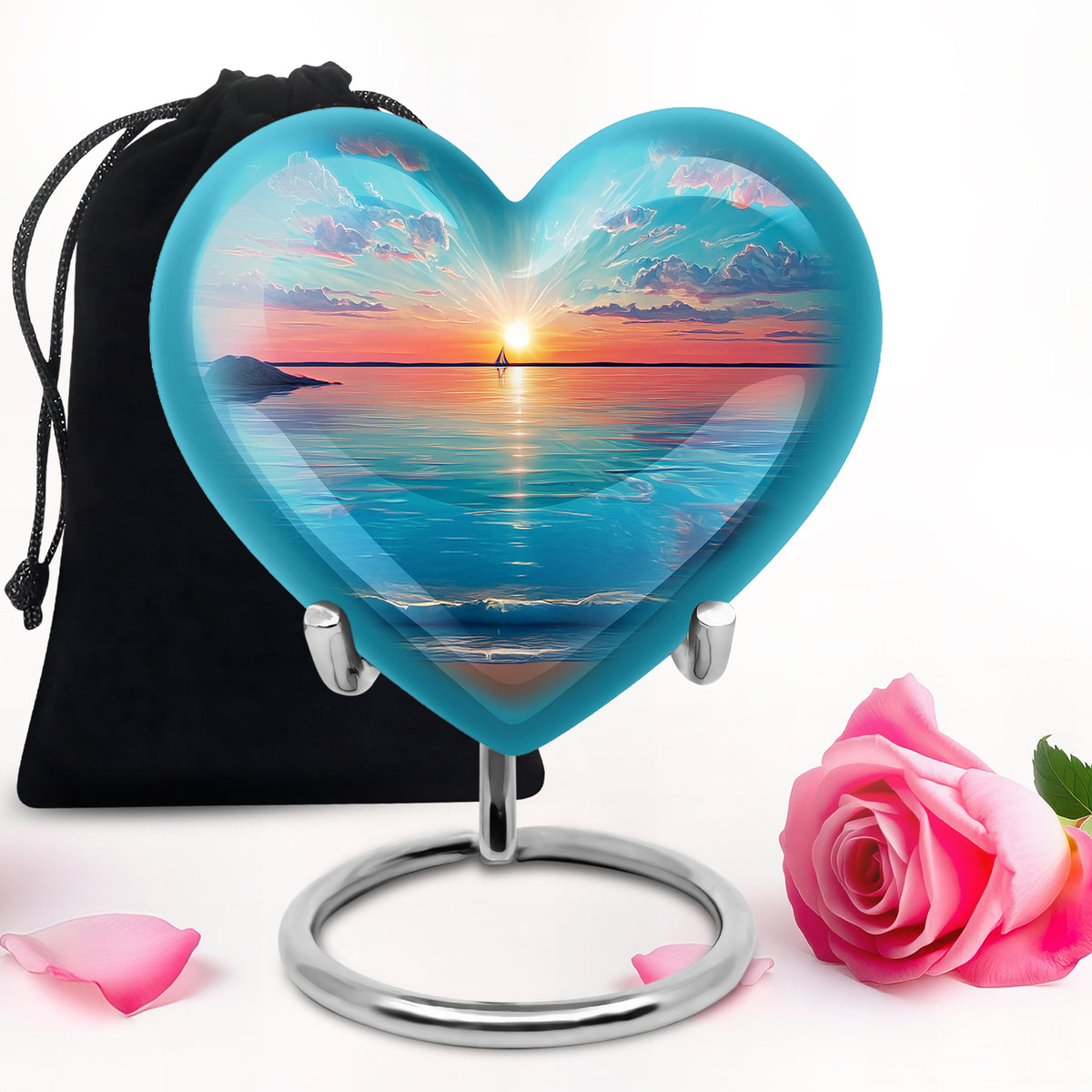 Soft Teal Beach Cremation Urn detail view - heart-shaped beach design symbolizing eternal love - full-size 10 inch 200 cubic inch adult cremation urn