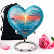 Soft Teal Beach Cremation Urn detail view - heart-shaped beach design symbolizing eternal love - full-size 10 inch 200 cubic inch adult cremation urn