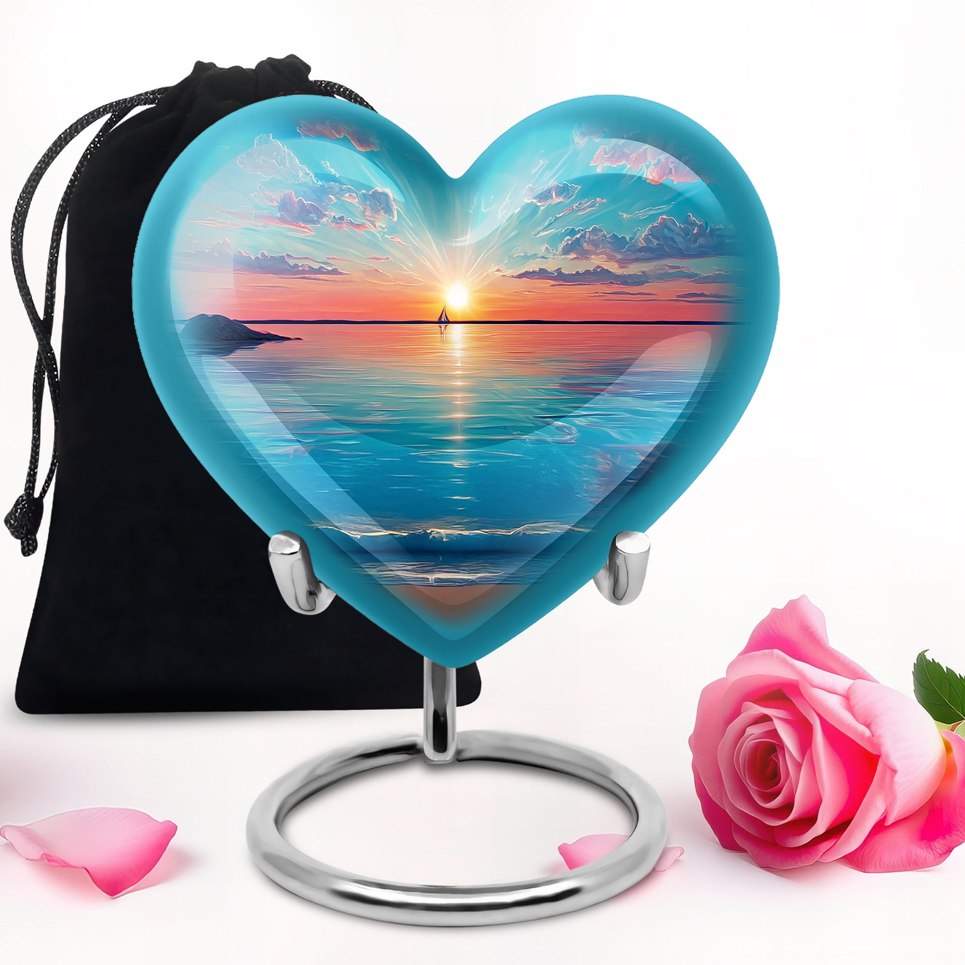 Soft Teal Beach Cremation Urn detail view - heart-shaped beach design symbolizing eternal love - full-size 10 inch 200 cubic inch adult cremation urn