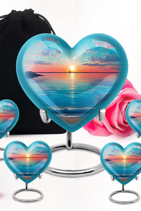 Sea Green Teal Beach Cremation Urn close-up of engraving and surface detail - loving heart memorial featuring beach pattern - memorial set with one large and four small urns
