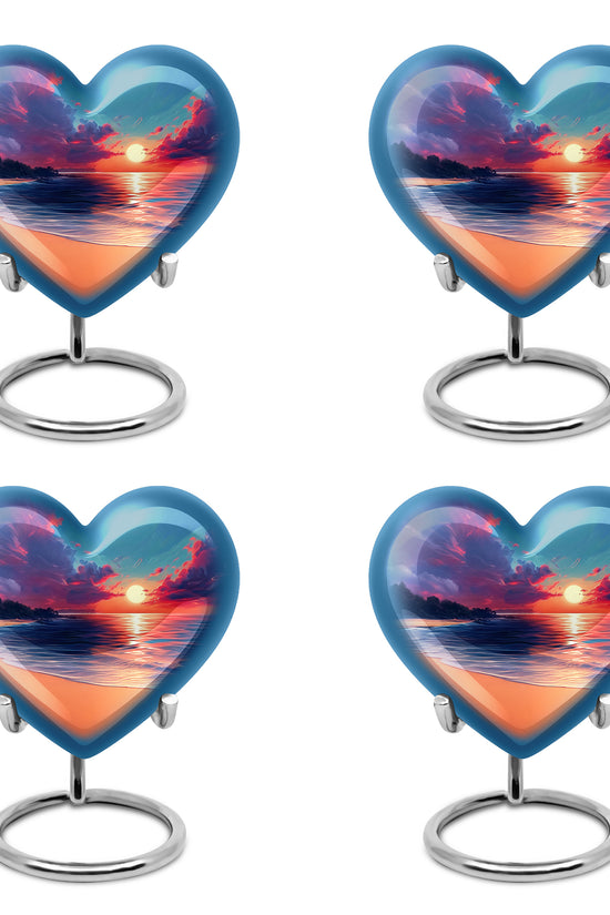 Cornflower Blue Beach Cremation Urn angled view of lid and engraved motif - compassionate heart-beach combination with gentle curves - 10 inch aluminum urn for cremated remains