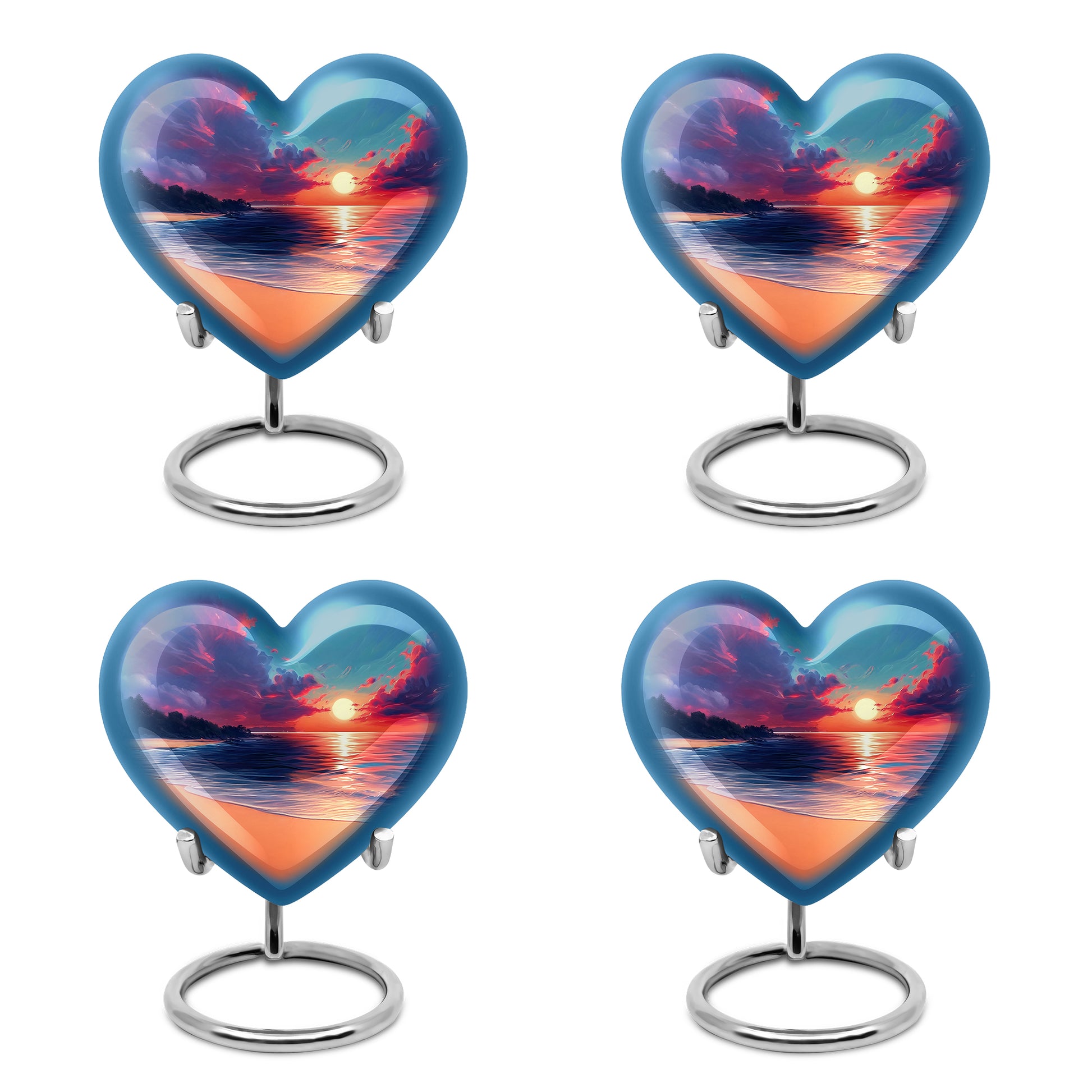 Cornflower Blue Beach Cremation Urn angled view of lid and engraved motif - compassionate heart-beach combination with gentle curves - 10 inch aluminum urn for cremated remains