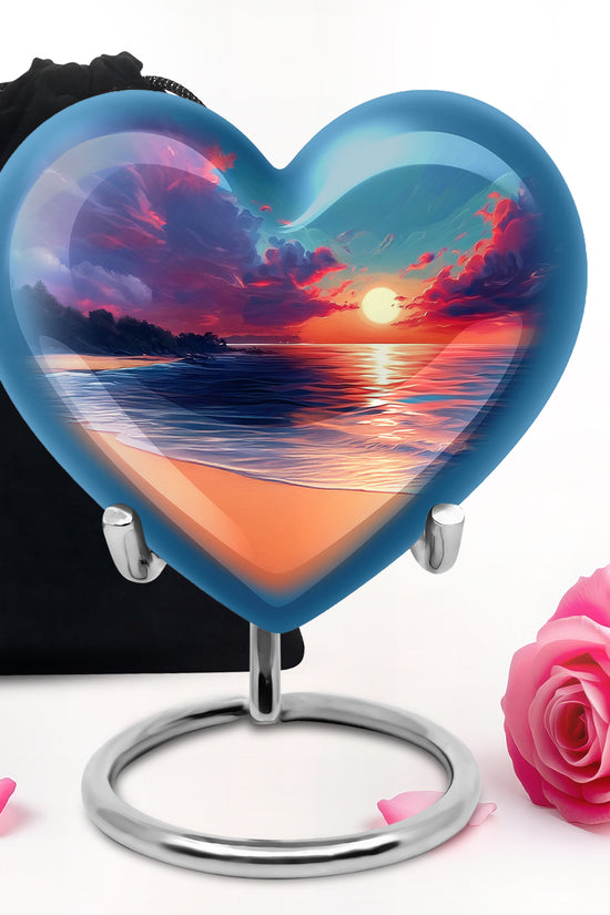 Misty Blue Beach Cremation Urn detail view - heart-shaped beach design symbolizing eternal love - full-size 10 inch 200 cubic inch adult cremation urn