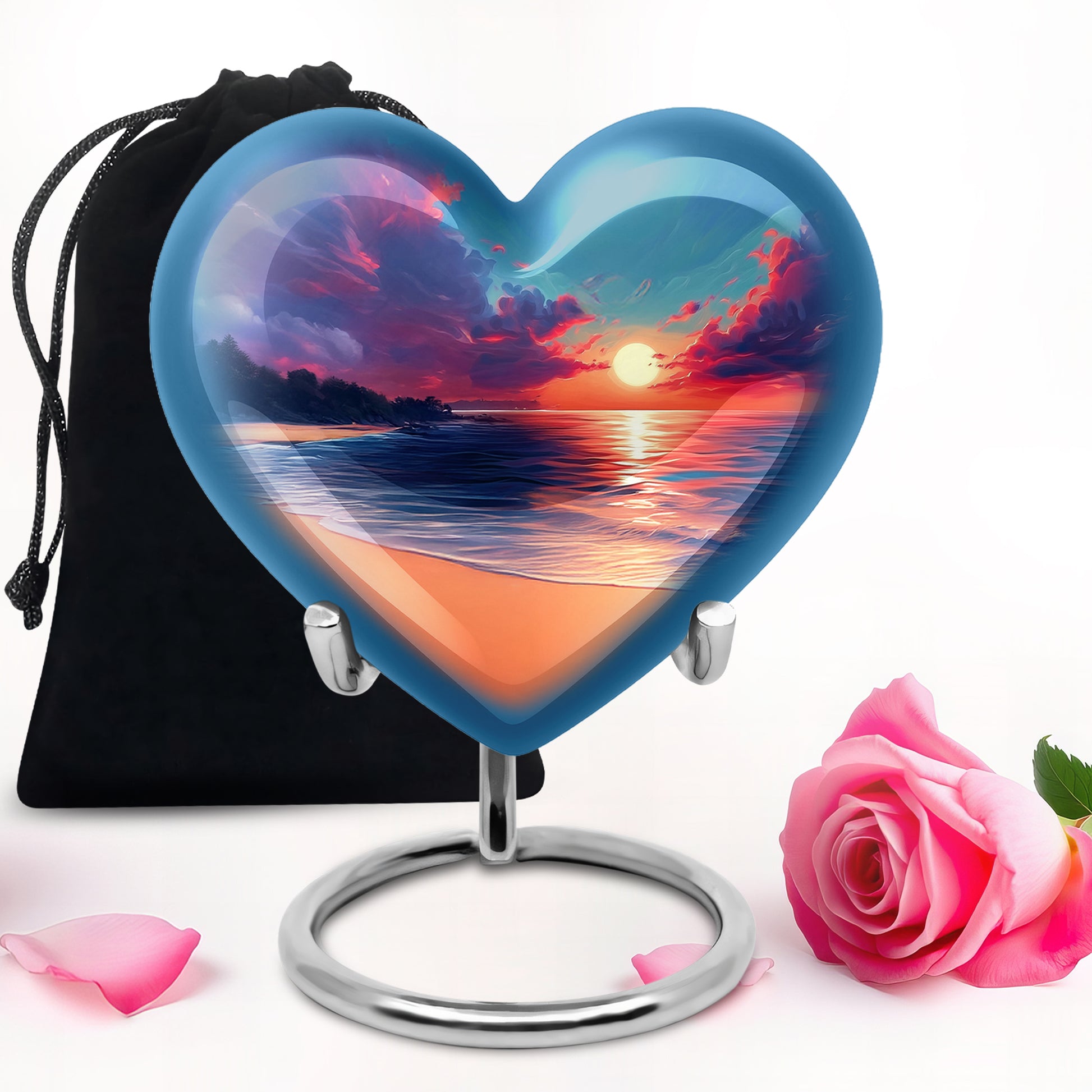 Misty Blue Beach Cremation Urn detail view - heart-shaped beach design symbolizing eternal love - full-size 10 inch 200 cubic inch adult cremation urn