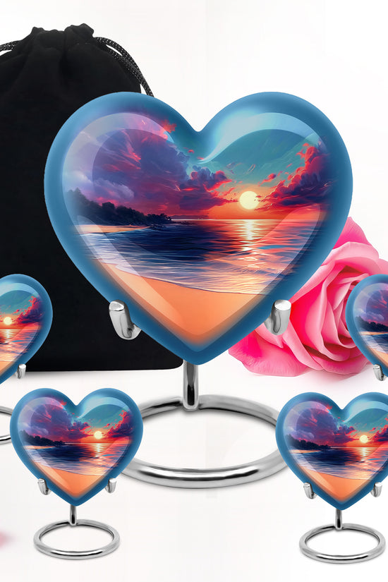Vivid Blue Beach Cremation Urn close-up of engraving and surface detail - romantic heart urn with beach motif on aluminum - memorial set with one large and four small urns