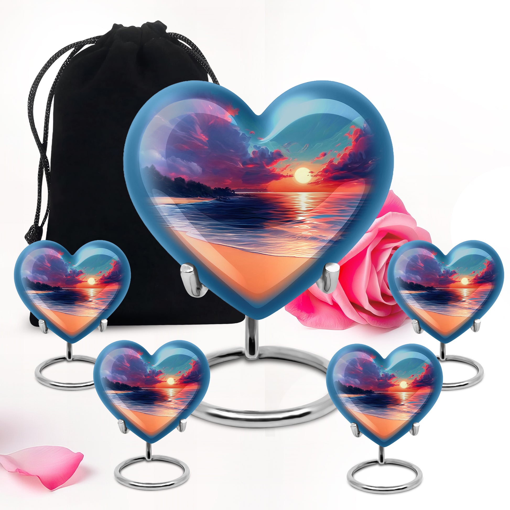 Vivid Blue Beach Cremation Urn close-up of engraving and surface detail - romantic heart urn with beach motif on aluminum - memorial set with one large and four small urns