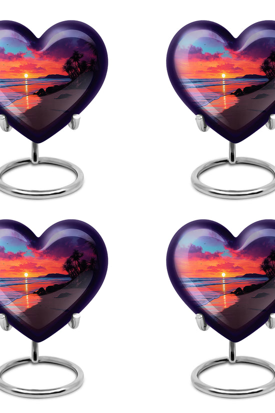 Dusty Blue Beach Cremation Urn angled view of lid and engraved motif - loving heart memorial featuring beach pattern - 10 inch aluminum urn for cremated remains