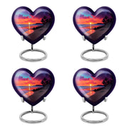 Dusty Blue Beach Cremation Urn angled view of lid and engraved motif - loving heart memorial featuring beach pattern - 10 inch aluminum urn for cremated remains