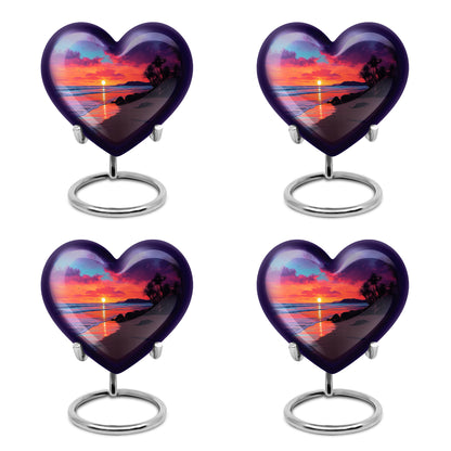 Dusty Blue Beach Cremation Urn angled view of lid and engraved motif - loving heart memorial featuring beach pattern - 10 inch aluminum urn for cremated remains