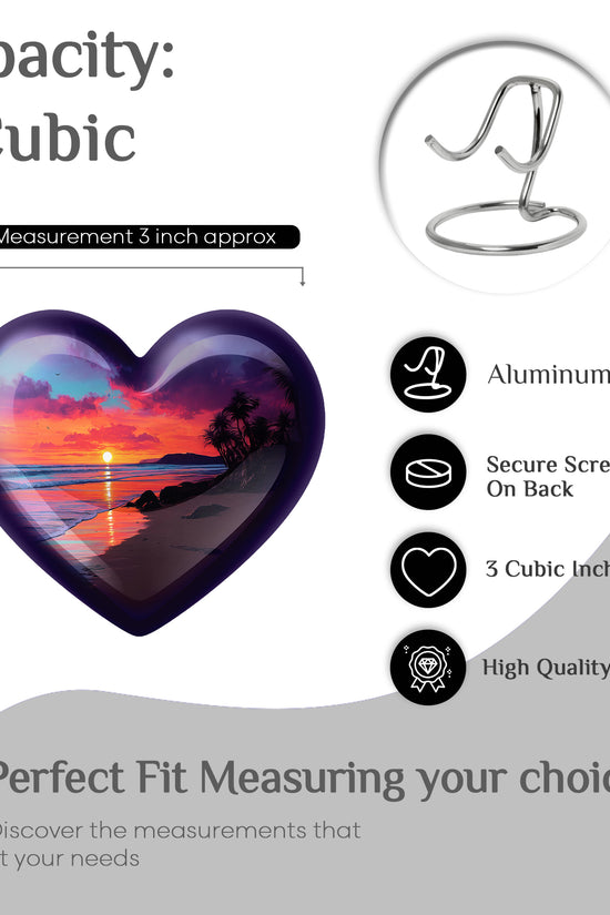 Soft Blue Beach Cremation Urn front view showing detailed design - romantic heart urn with beach motif on aluminum - mini keepsake memorial for portion of cremation ashes