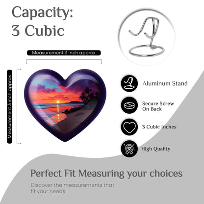 Soft Blue Beach Cremation Urn front view showing detailed design - romantic heart urn with beach motif on aluminum - mini keepsake memorial for portion of cremation ashes