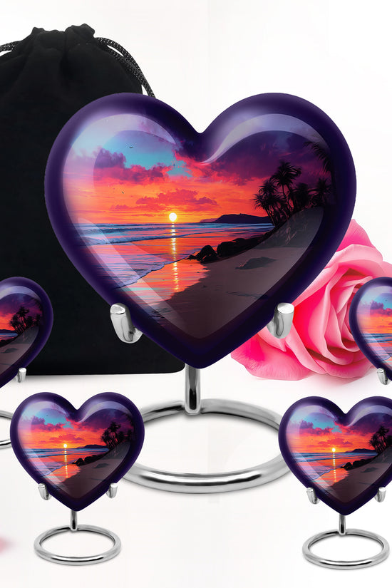 Slate Blue Beach Cremation Urn close-up of engraving and surface detail - loving heart memorial featuring beach pattern - memorial set with one large and four small urns