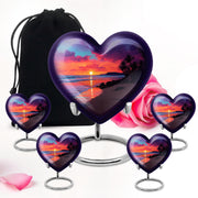 Slate Blue Beach Cremation Urn close-up of engraving and surface detail - loving heart memorial featuring beach pattern - memorial set with one large and four small urns