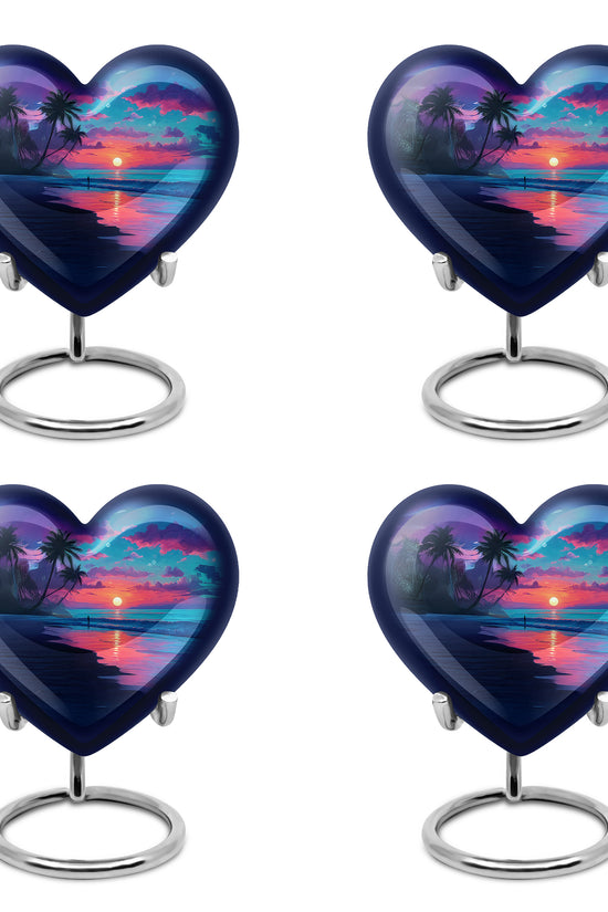 Slate Blue Beach Cremation Urn angled view of lid and engraved motif - heart-shaped beach design symbolizing eternal love - 10 inch aluminum urn for cremated remains