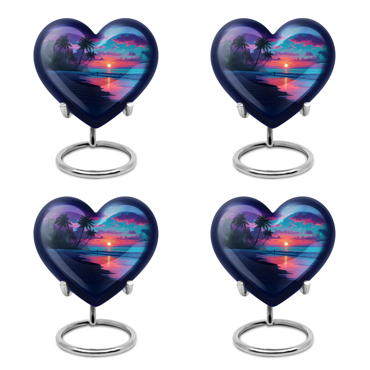 Slate Blue Beach Cremation Urn angled view of lid and engraved motif - heart-shaped beach design symbolizing eternal love - 10 inch aluminum urn for cremated remains
