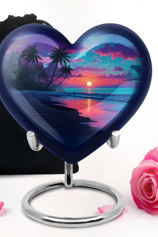 Calming Blue Beach Cremation Urn detail view - romantic heart urn with beach motif on aluminum - full-size 10 inch 200 cubic inch adult cremation urn