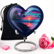 Calming Blue Beach Cremation Urn detail view - romantic heart urn with beach motif on aluminum - full-size 10 inch 200 cubic inch adult cremation urn