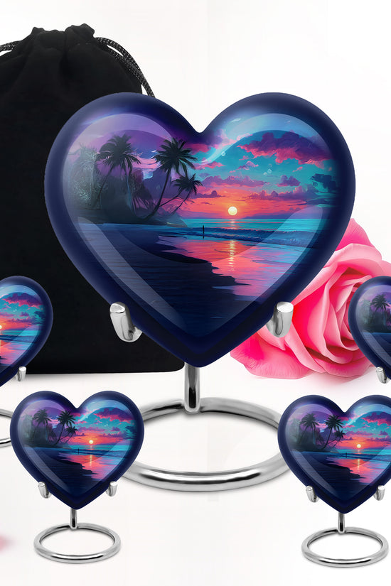 Soft Blue Beach Cremation Urn close-up of engraving and surface detail - compassionate heart-beach combination with gentle curves - memorial set with one large and four small urns