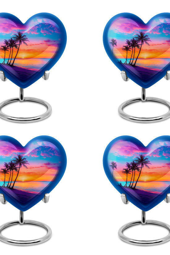 Vivid Blue Beach Cremation Urn angled view of lid and engraved motif - romantic heart urn with beach motif on aluminum - 10 inch aluminum urn for cremated remains