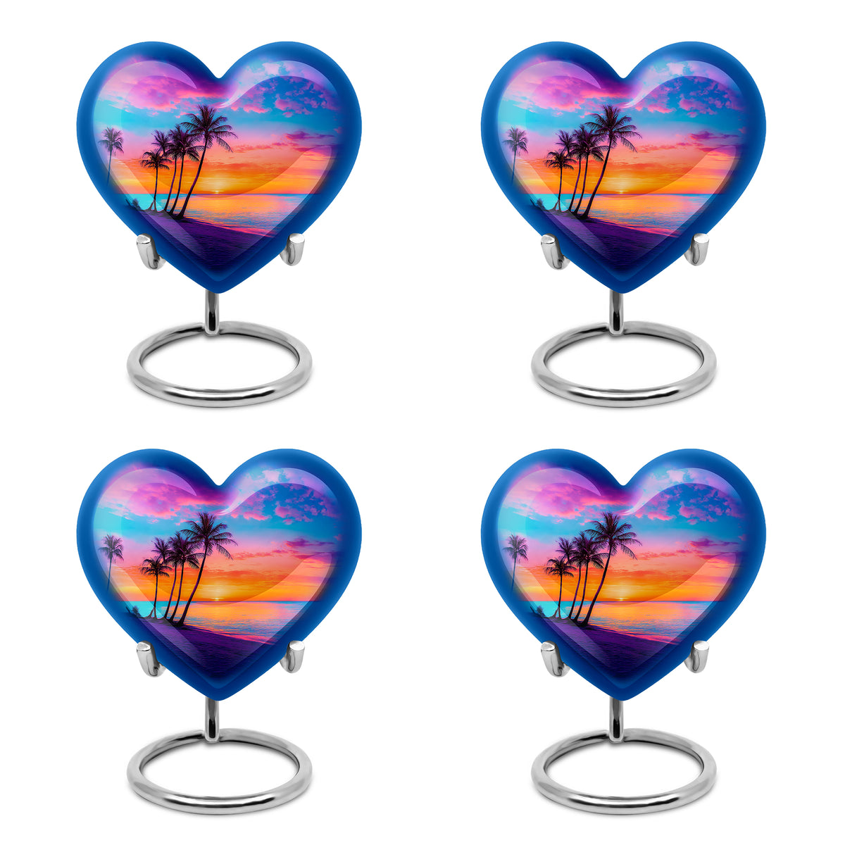 Vivid Blue Beach Cremation Urn angled view of lid and engraved motif - romantic heart urn with beach motif on aluminum - 10 inch aluminum urn for cremated remains