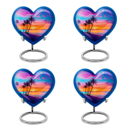 Vivid Blue Beach Cremation Urn angled view of lid and engraved motif - romantic heart urn with beach motif on aluminum - 10 inch aluminum urn for cremated remains