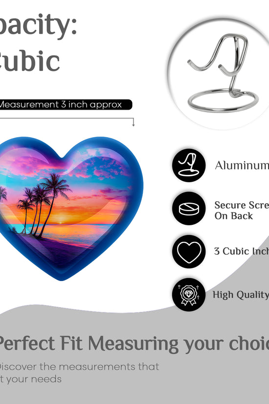 Icy Blue Beach Cremation Urn front view showing detailed design - heart-shaped beach design symbolizing eternal love - mini keepsake memorial for portion of cremation ashes