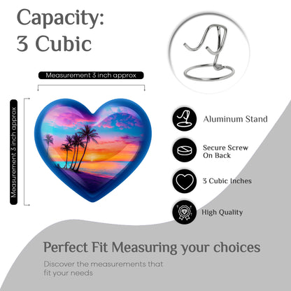 Icy Blue Beach Cremation Urn front view showing detailed design - heart-shaped beach design symbolizing eternal love - mini keepsake memorial for portion of cremation ashes