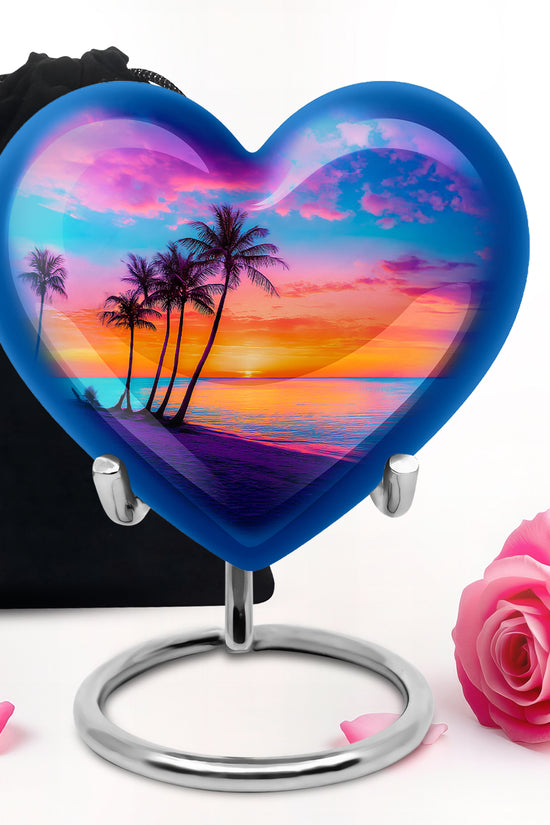 Dusty Blue Beach Cremation Urn detail view - loving heart memorial featuring beach pattern - full-size 10 inch 200 cubic inch adult cremation urn