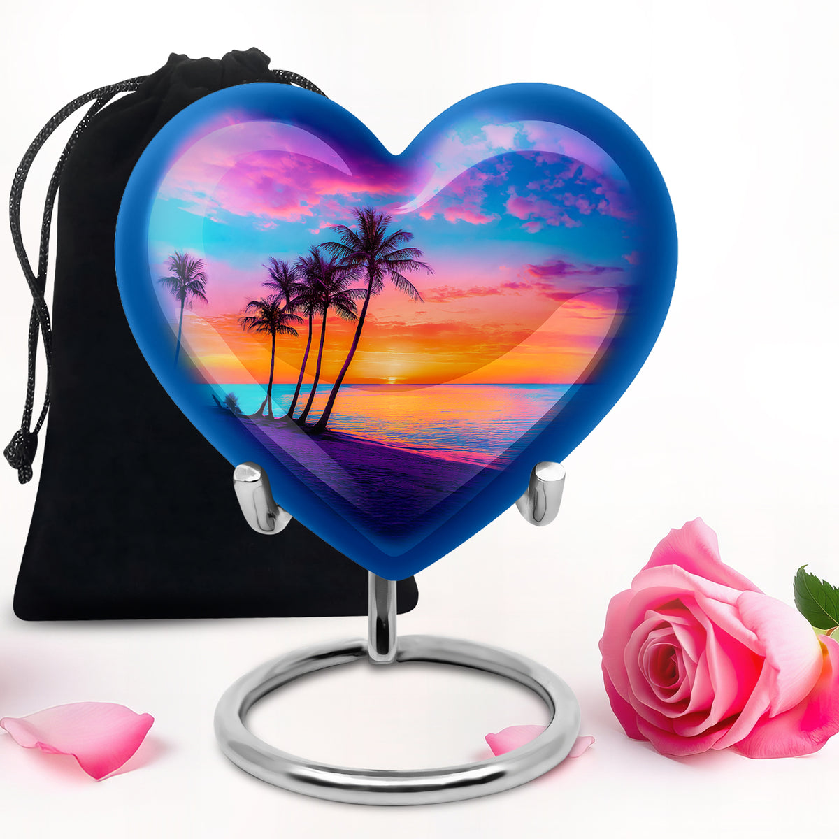 Dusty Blue Beach Cremation Urn detail view - loving heart memorial featuring beach pattern - full-size 10 inch 200 cubic inch adult cremation urn