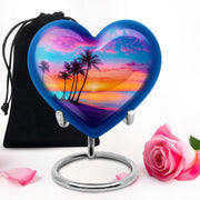 Dusty Blue Beach Cremation Urn detail view - loving heart memorial featuring beach pattern - full-size 10 inch 200 cubic inch adult cremation urn