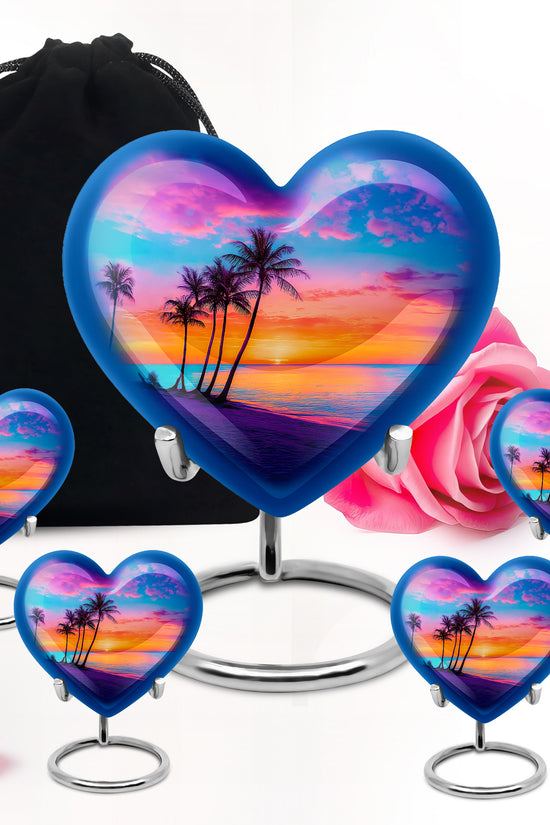 Misty Blue Beach Cremation Urn close-up of engraving and surface detail - loving heart memorial featuring beach pattern - memorial set with one large and four small urns