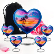 Misty Blue Beach Cremation Urn close-up of engraving and surface detail - loving heart memorial featuring beach pattern - memorial set with one large and four small urns
