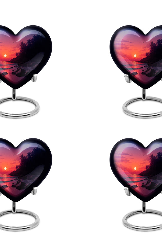 Peony Pink Beach Cremation Urn angled view of lid and engraved motif - heart-shaped beach design symbolizing eternal love - 10 inch aluminum urn for cremated remains
