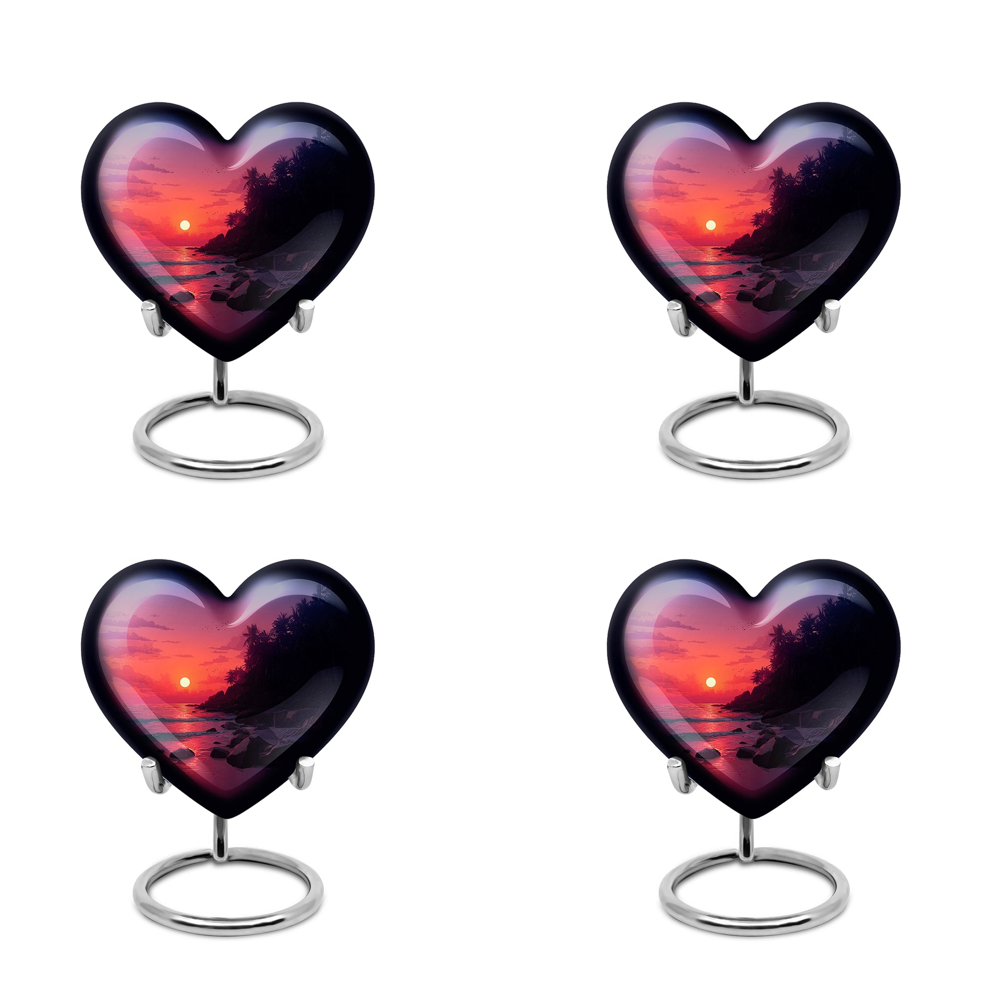 Peony Pink Beach Cremation Urn angled view of lid and engraved motif - heart-shaped beach design symbolizing eternal love - 10 inch aluminum urn for cremated remains