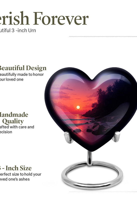 Coral Pink Beach Cremation Urn front view showing detailed design - heart-shaped beach design symbolizing eternal love - mini keepsake memorial for portion of cremation ashes