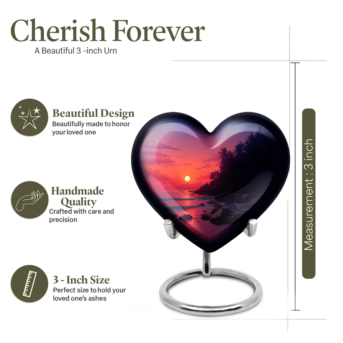 Coral Pink Beach Cremation Urn front view showing detailed design - heart-shaped beach design symbolizing eternal love - mini keepsake memorial for portion of cremation ashes