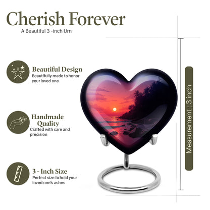 Coral Pink Beach Cremation Urn front view showing detailed design - heart-shaped beach design symbolizing eternal love - mini keepsake memorial for portion of cremation ashes