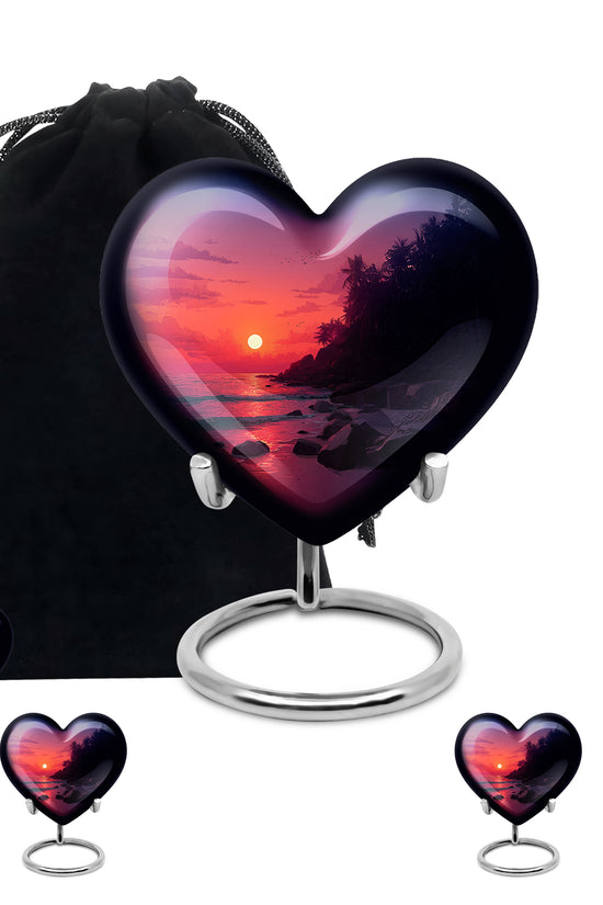 Dusty Pink Beach Cremation Urn close-up of engraving and surface detail - compassionate heart-beach combination with gentle curves - memorial set with one large and four small urns